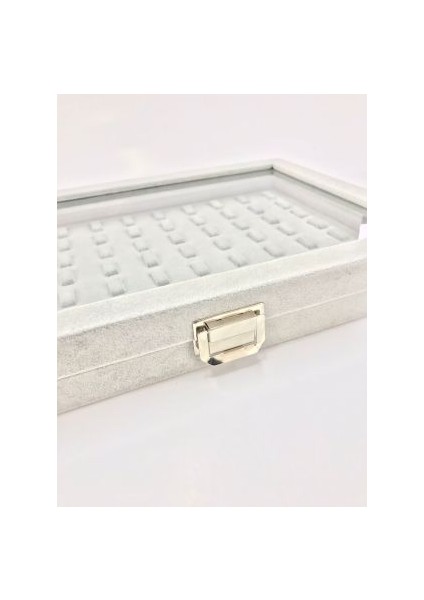 Yeni Yerli Üretim Cam Kapaklı Süet Kumaş Gri Renk 34 cm / 24 cm Tırnaklı Yüzük Sergileme Standı fiyatları