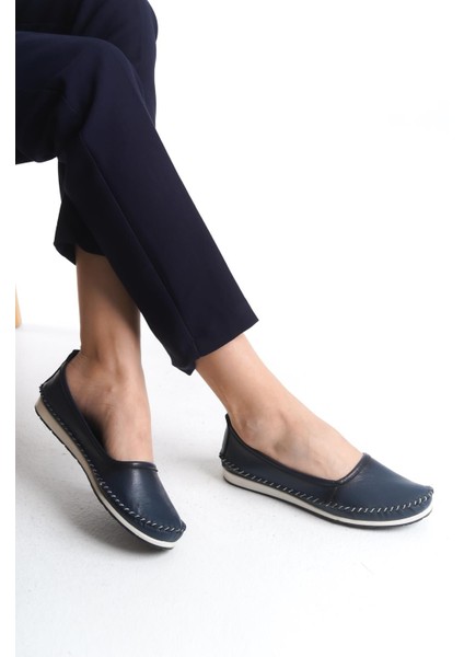 Kadın Deri Babet Dikişli Düz Taban Tam Kalıp Rahat Günlük Ayakkabı