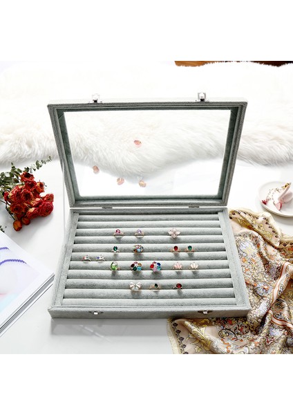 Yeni Yerli Üretim Cam Kapaklı Süet Kumaş Gri Renk 34 cm / 24 cm Sosisli Yüzük Sergileme Standı