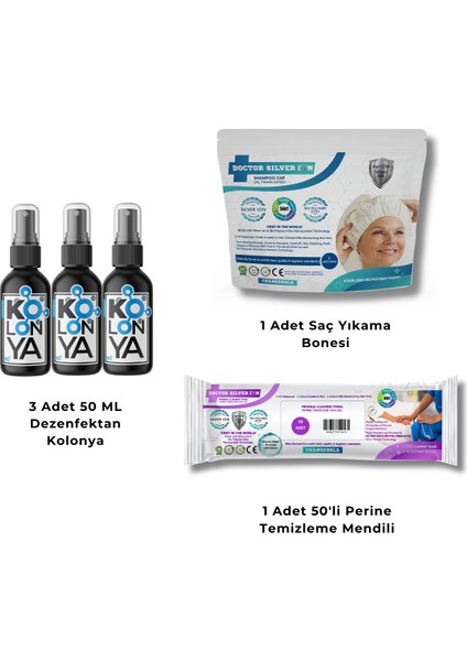 Gümüş İyonlu 3'lü 50 ml Kolonya + Saç Yıkama Bonesi + 50'li Perine Islak Mendili Temizlik Seti