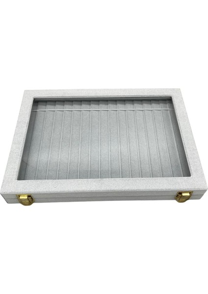 Yeni Yerli Üretim Cam Kapaklı Süet Kumaş Gri 34 cm / 24 cm Kademeli Bileklik-Kolye Sergileme Standı fiyatları