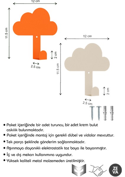 Çocuk Odaları & Banyo Için Metal Bulut Şeklinde 2 Adet Askı - Dayanıklı Tasarım Duvara Monte Askı