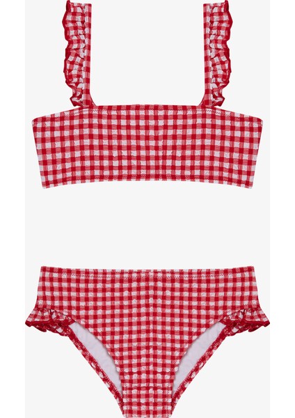 Kız Çocuk Gigham Kareli Fırfırlı Bandeau Bikini Takımı