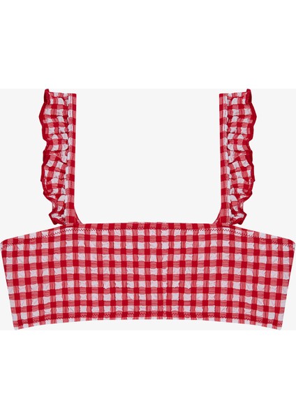 Kız Çocuk Gigham Kareli Fırfırlı Bandeau Bikini Takımı