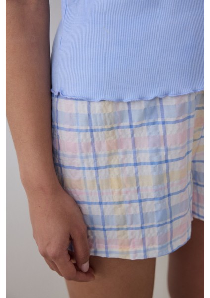 Josıe Checked Açık Mavi Şortlu Pijama Takımı