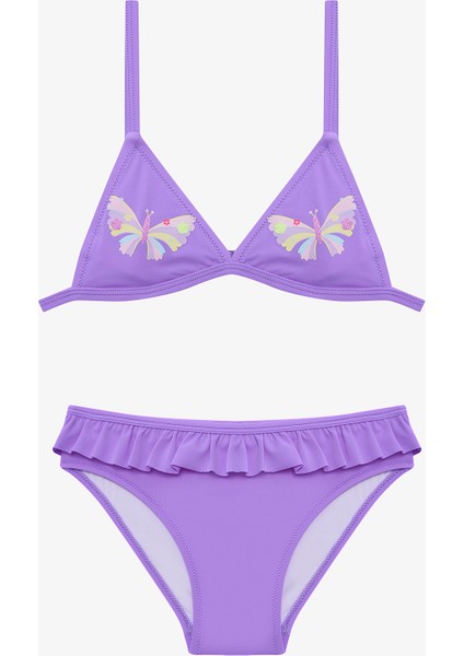 Lila Kız Çocuk Butterfly Fırfırlı Üçgen Bikini Takım
