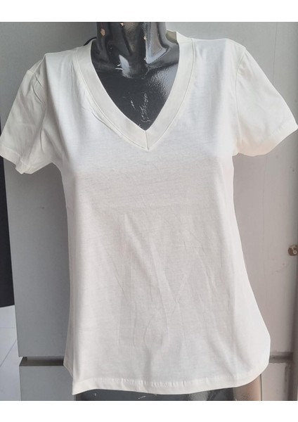 Kadın T-Shirt V Yaka Kısa Kollu