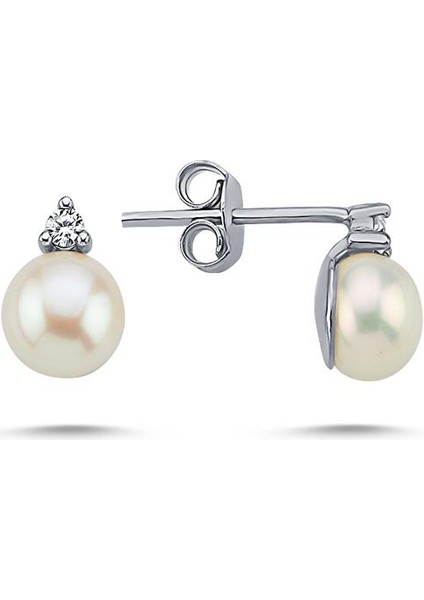 14 Ayar Altın 5 mm Doğal Incili 0,08 Ct Pırlantalı Küpe