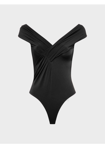 Kayık Yaka Büzgü Detaylı Kolsuz Body - Siyah