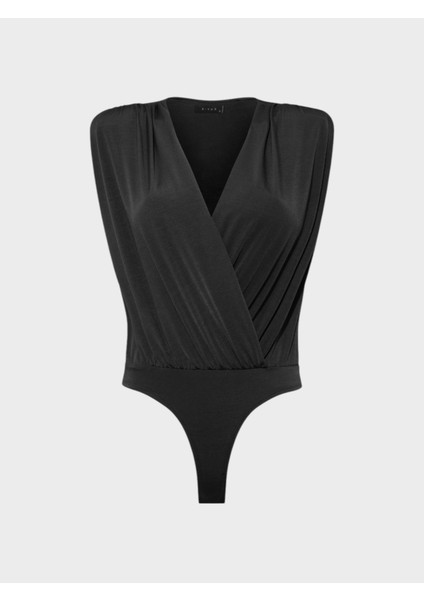 V Yakalı Önü Büzgülü ve Omuzu Vatka Detaylı Body - Siyah