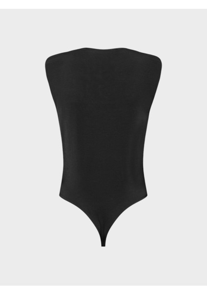 V Yakalı Önü Büzgülü ve Omuzu Vatka Detaylı Body - Siyah
