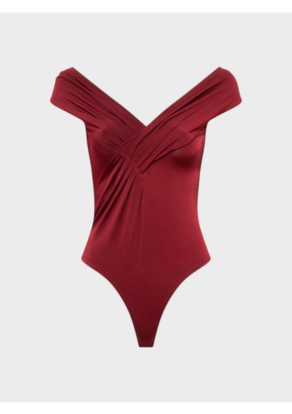 Kayık Yaka Büzgü Detaylı Kolsuz Body - Bordo