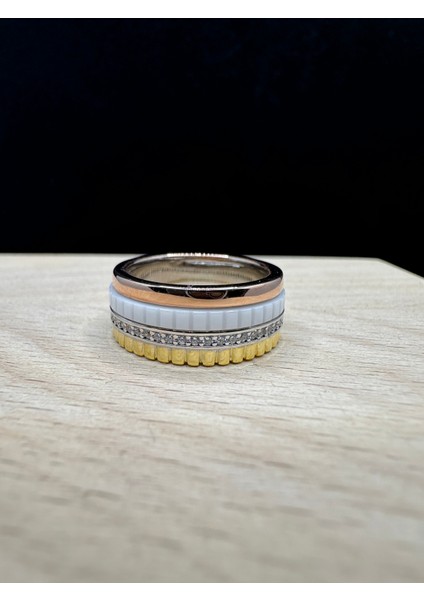 Üç Renk Tamturlu Ortası Dönen Ithal Kadın Gümüş Yüzük