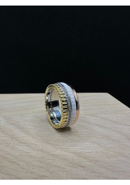 Üç Renk Tamturlu Ortası Dönen Ithal Kadın Gümüş Yüzük fiyatları