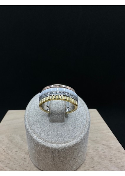 Üç Renk Tamturlu Ortası Dönen Ithal Kadın Gümüş Yüzük modelleri