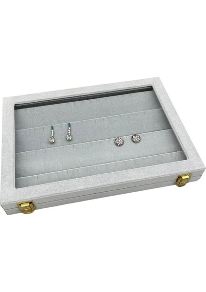 Yeni Yerli Üretim Cam Kapaklı Süet Kumaş Gri Renk 34 cm / 24 cm Küpe Sergileme Standı