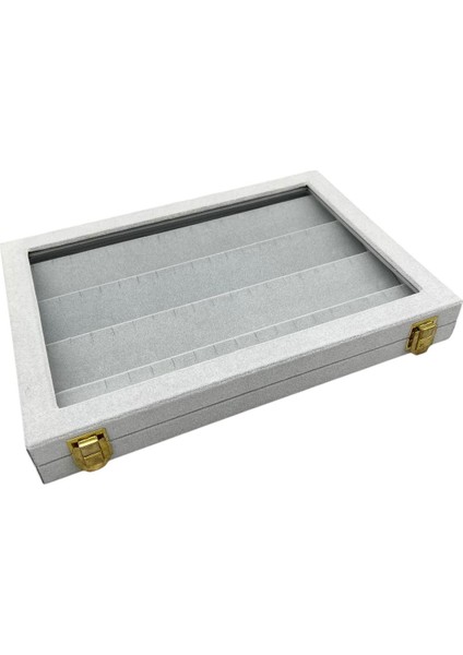 Yeni Yerli Üretim Cam Kapaklı Süet Kumaş Gri Renk 34 cm / 24 cm Küpe Sergileme Standı fırsatları