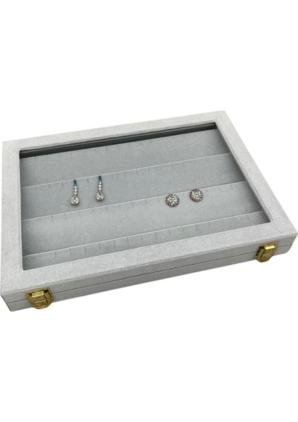 Yeni Yerli Üretim Cam Kapaklı Süet Kumaş Gri Renk 34 cm / 24 cm Küpe Sergileme Standı indirimleri