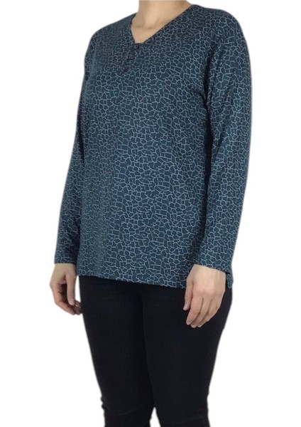 Kadın V Yaka Cam Kırığı Desenli Likralı Penye Bluz fiyatları