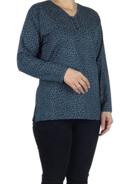 Kadın V Yaka Cam Kırığı Desenli Likralı Penye Bluz modelleri