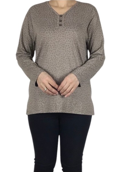 Kadın V Yaka Cam Kırığı Desenli Likralı Penye Bluz