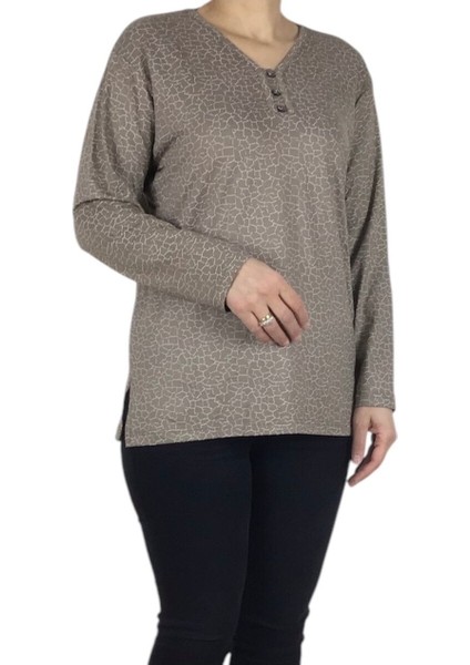 Kadın V Yaka Cam Kırığı Desenli Likralı Penye Bluz modelleri