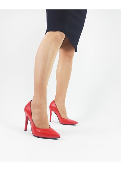 Deri Kırmızı İnce Yüksek Topuk Kadın Stiletto