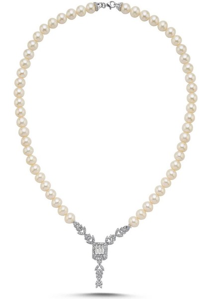 925 Ayar Gümüş 7 mm Baget Kesim Doğal İnci Kolye