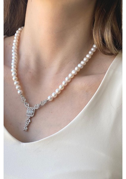 925 Ayar Gümüş 7 mm Baget Kesim Doğal İnci Kolye modelleri