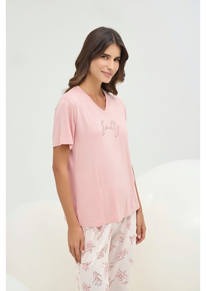 16708 Kadın Taş Baskılı Kısa Pijama Takım modelleri