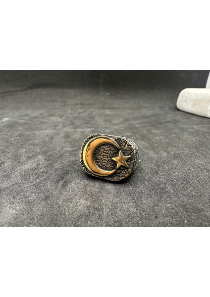 Kalem İşlemeli Ay Yıldız Gümüş Erkek Yüzük