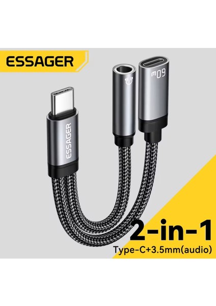 2'si 1 Arada Type-C To 3.5mm+60W Hızlı Şarj ve Kulaklık Çevirici Hi-Fi Ses CE/FC/ROHS Lisanslı Hasır Örgülü Sağlam