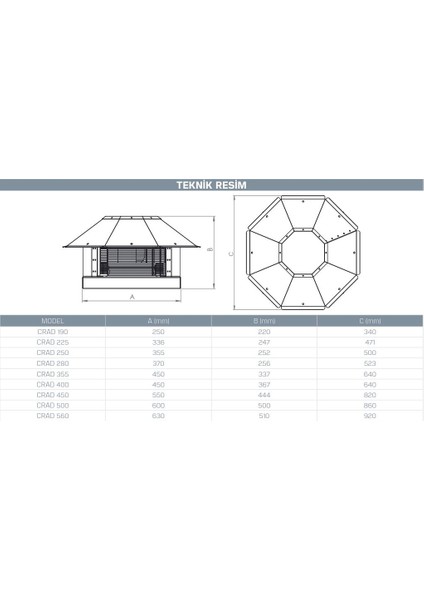 Crad 250 Çatı Tipi Yatay Atışlı Radyal Fan (1150M³/H)