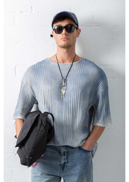 Erkek Super Oversize Desenli Triko T-Shirt Mavi