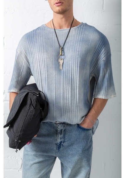 Erkek Super Oversize Desenli Triko T-Shirt Mavi modelleri
