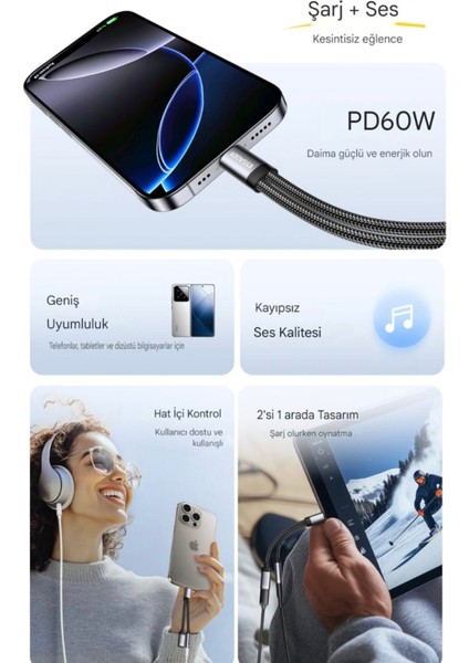 2'si 1 Arada Type-C To 3.5mm+60W Hızlı Şarj ve Kulaklık Çevirici Hi-Fi Ses CE/FC/ROHS Lisanslı Hasır Örgülü Sağlam