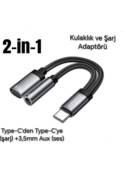 2'si 1 Arada Type-C To 3.5mm+60W Hızlı Şarj ve Kulaklık Çevirici Hi-Fi Ses CE/FC/ROHS Lisanslı Hasır Örgülü Sağlam