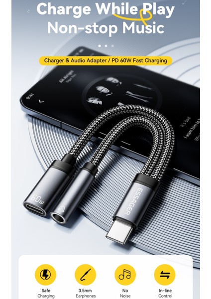 2'si 1 Arada Type-C To 3.5mm+60W Hızlı Şarj ve Kulaklık Çevirici Hi-Fi Ses CE/FC/ROHS Lisanslı Hasır Örgülü Sağlam