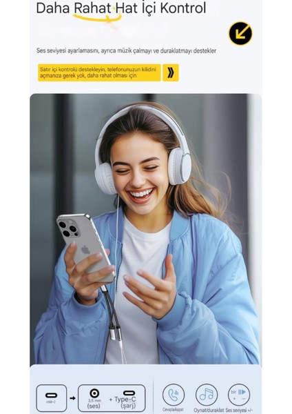 2'si 1 Arada Type-C To 3.5mm+60W Hızlı Şarj ve Kulaklık Çevirici Hi-Fi Ses CE/FC/ROHS Lisanslı Hasır Örgülü Sağlam