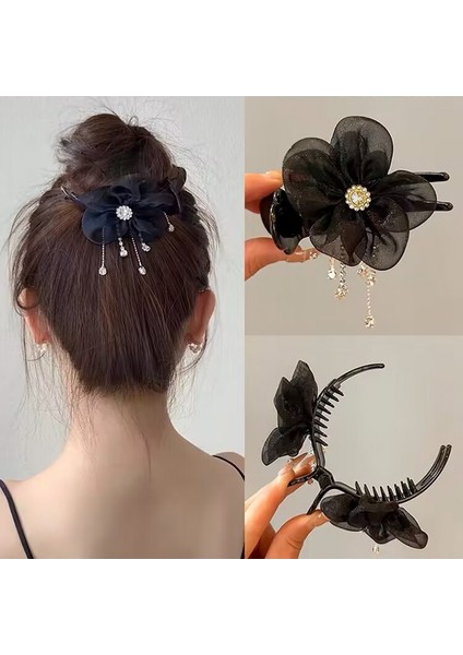 Oryantal Unsurlu Üst Düzey Saten Siyah Köpekbalığı Klipsli Başlık, Başın Arkasında Saç Tokası Kavrayıcı Dekorasyonu (Yurt Dışından)