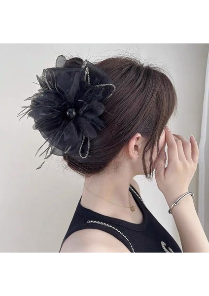 Oryantal Unsurlu Üst Düzey Saten Siyah Köpekbalığı Klipsli Başlık, Başın Arkasında Saç Tokası Kavrayıcı Dekorasyonu (Yurt Dışından)