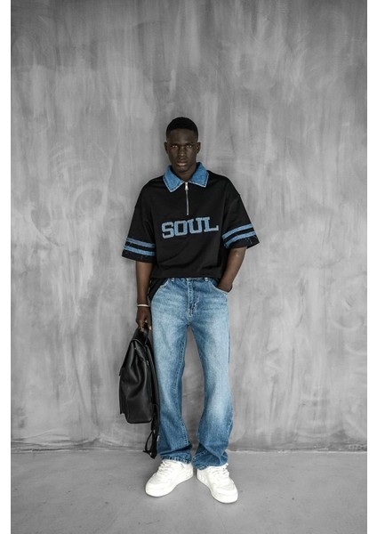 Erkek Denim Polo Yaka Yarım Fermuarlı Oversize T-Shirt Siyah