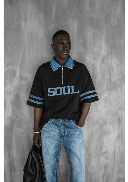 Erkek Denim Polo Yaka Yarım Fermuarlı Oversize T-Shirt Siyah fiyatları