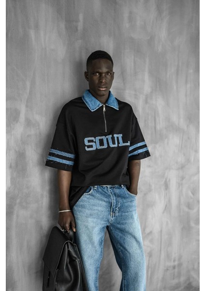Erkek Denim Polo Yaka Yarım Fermuarlı Oversize T-Shirt Siyah fırsatları