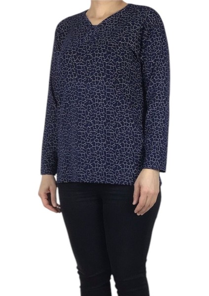 Kadın V Yaka Cam Kırığı Desenli Likralı Penye Bluz