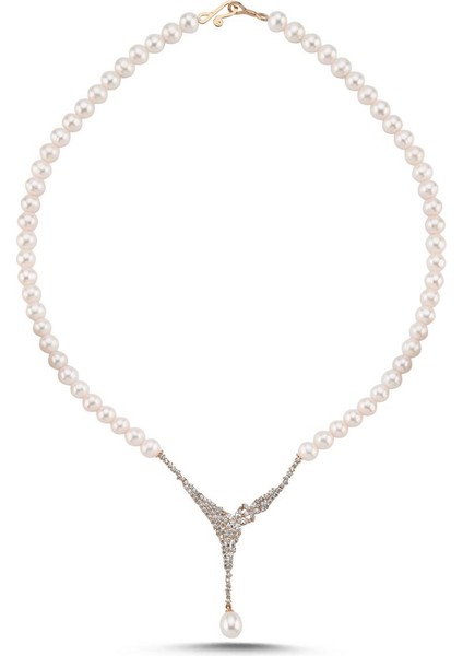 14 Ayar Altın 6 mm Çiçek Detay Zirkon Taşlı Doğal İnci Kolye