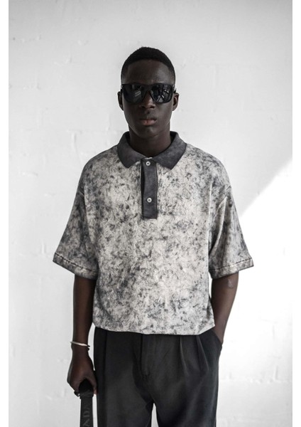 Erkek Düğmeli Polo Yaka Desenli Oversize Triko T-Shirt Siyah modelleri