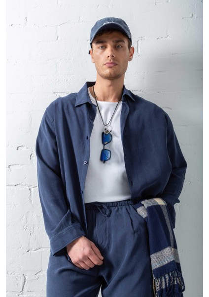 Erkek Oversize Fit Yumuşak Dokulu Gömlek Lacivert