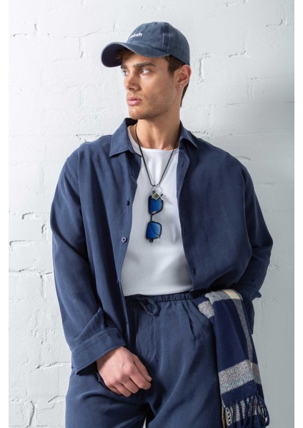 Erkek Oversize Fit Yumuşak Dokulu Gömlek Lacivert modelleri