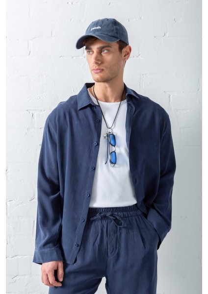 Erkek Oversize Fit Yumuşak Dokulu Gömlek Lacivert indirimleri